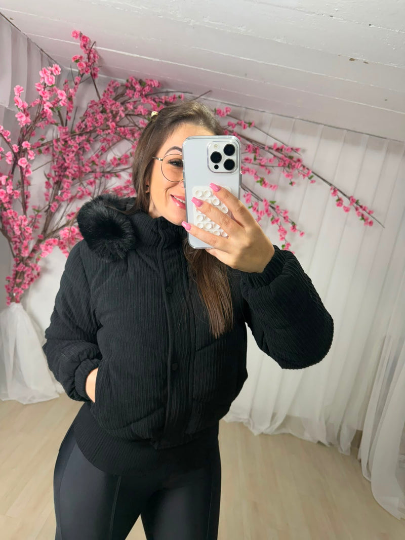Jaqueta Puffer Cotelê com Capuz e Pelo