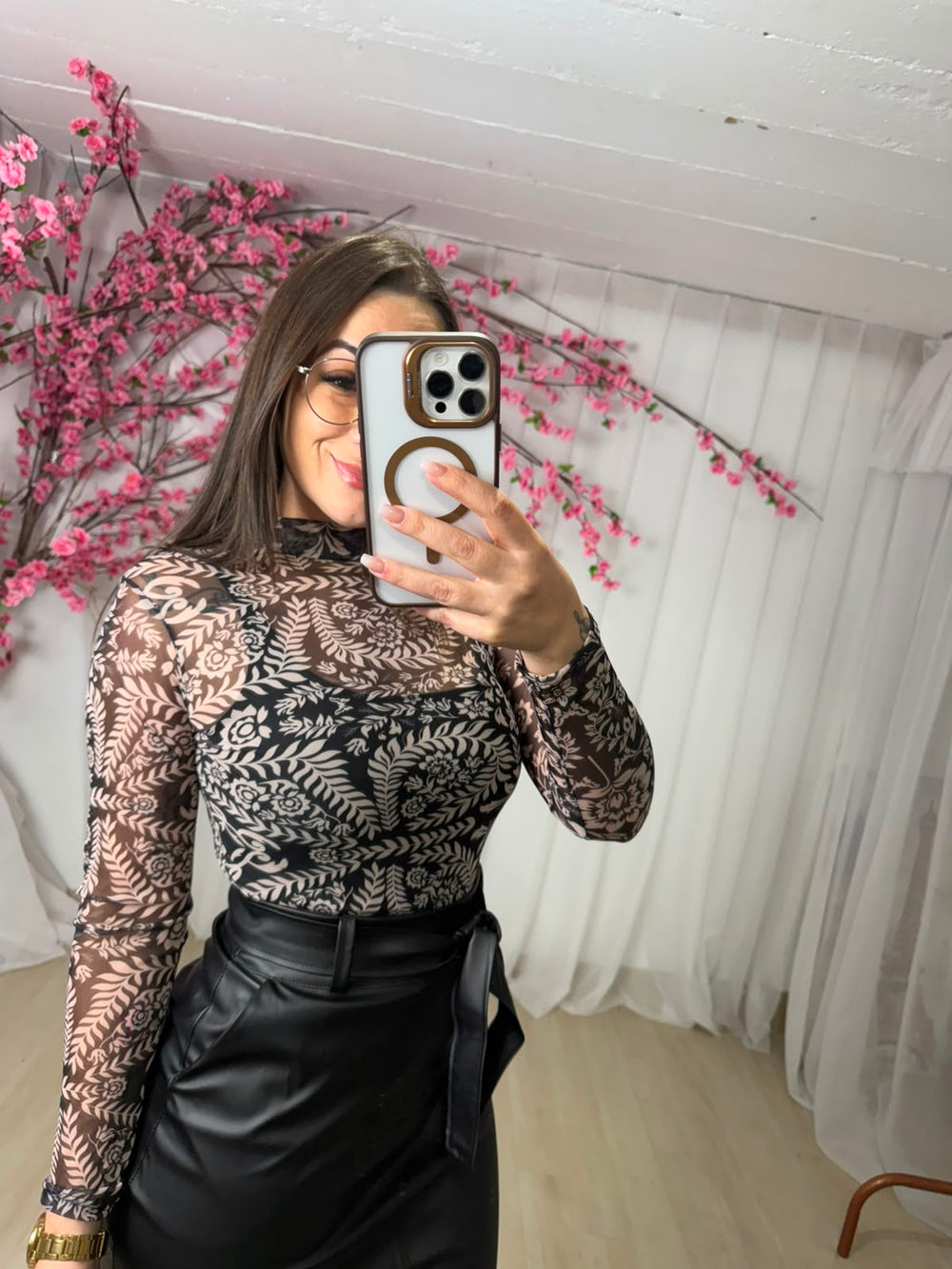 Body Tule Gola Alta Manga Longa
