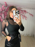 Body Tule Gola Alta Manga Longa