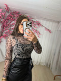 Body Tule Gola Alta Manga Longa