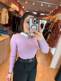 Blusa de Tricô Canelada Gola Polo